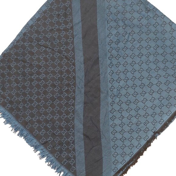 Gucci Vintage Blue Dual-Tone Reversible Monogram Stripe Shawl Wrap - Picture 6 of 8